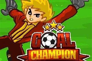 Một nhân vật hoạt hình với tóc vàng đang cản phá bóng trên nền sân cỏ, kèm theo dòng chữ Goal Champion với hình ảnh quả bóng và ba ngôi sao phía trên