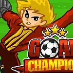 Một nhân vật hoạt hình với tóc vàng đang cản phá bóng trên nền sân cỏ, kèm theo dòng chữ Goal Champion với hình ảnh quả bóng và ba ngôi sao phía trên