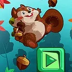 Sóc vui vẻ ôm hạt dẻ giữa lá mùa thu và nút bấm màu xanh