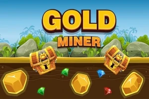 Một hình ảnh có chữ GOLD MINER với hai hòm kho báu, các viên đá quý và thỏi vàng dưới lòng đất