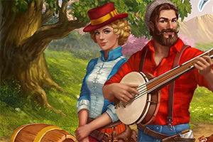 Golden Frontier Một người đàn ông đội mũ đang chơi đàn banjo bên cạnh một người phụ nữ đội mũ đỏ, đứng dưới gốc cây trong một khung cảnh đồng quê