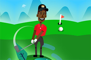 Một nhân vật hoạt hình đang chơi golf trên sân cỏ xanh với núi non và cờ golf ở phía xa