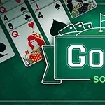 Các lá bài như Q, 4, 8, 9 và biểu tượng quân bài rô, bích nằm rải rác trên nền xanh với dòng chữ Golf Solitaire nổi bật
