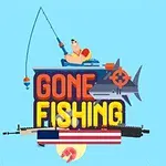 Một người đang câu cá trên thuyền, với dòng chữ Gone Fishing, kèm hình ảnh cá mập và súng trên nền xanh dương nhạt