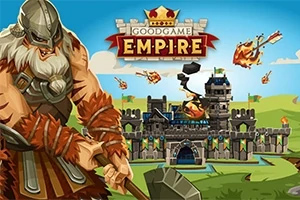 Goodgame Empire Một chiến binh Viking cầm rìu đứng trước lâu đài đang bị tấn công bằng đạn lửa