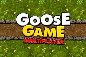 Chữ Goose Game Multiplayer lớn, nổi bật trên nền cỏ xanh và đường mòn sỏi đá