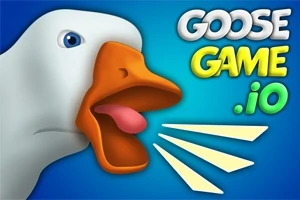 Hình ảnh một con ngỗng màu trắng đang há mỏ trên nền xanh, với chữ GOOSE GAME 