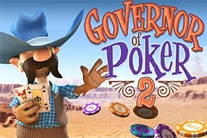 Nhân vật hoạt hình đội mũ cao bồi đang cầm bài poker, với dòng chữ lớn ở bên cạnh trên nền sa mạc