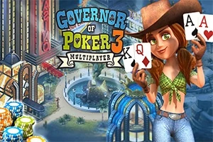 Governor of Poker 3 Người phụ nữ đội mũ cao bồi đang cầm bài tây với cảnh thành phố và đèn neon phía sau