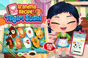 Một cô bé vui vẻ đứng bên cạnh khay sushi nigiri và điện thoại di động hiển thị ứng dụng nấu ăn