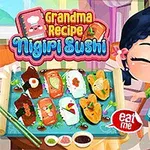 Một cô bé vui vẻ đứng bên cạnh khay sushi nigiri và điện thoại di động hiển thị ứng dụng nấu ăn