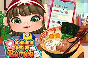 Một nhân vật hoạt hình vui vẻ đang đứng cạnh tô mì ramen lớn, trước nền có điện thoại di động hiển thị công thức nấu ăn