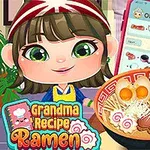 Một nhân vật hoạt hình vui vẻ đang đứng cạnh tô mì ramen lớn, trước nền có điện thoại di động hiển thị công thức nấu ăn
