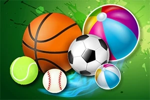 Hình minh họa các loại bóng thể thao gồm bóng rổ, bóng đá, bóng chuyền, bóng chày, bóng tennis và bóng bãi biển trên nền xanh