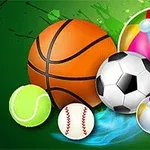 Hình minh họa các loại bóng thể thao gồm bóng rổ, bóng đá, bóng chuyền, bóng chày, bóng tennis và bóng bãi biển trên nền xanh