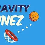 Chữ GRAVITY LINEZ trên nền xanh, với một quả bóng rổ đang bay vào chiếc rổ