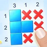 Hình ảnh hiển thị một lưới ô vuông với các ô màu xanh và dấu X màu đỏ, cùng một ngón tay chạm vào ô