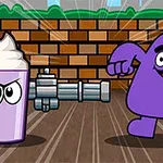 Một cốc sữa lắc màu tím với khuôn mặt giận dữ bên cạnh một nhân vật màu tím vui vẻ, nền là bức tường gạch