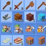 Các vật phẩm và công cụ pixel với số lượng khác nhau được hiển thị trên nền lưới màu xanh