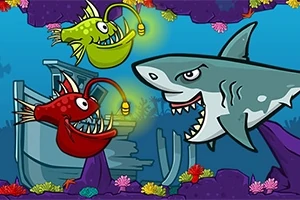 Growing Fish Hình ảnh có hai con cá vây chân với đèn trên đầu và một con cá mập với vẻ mặt dữ tợn dưới đáy biển, xung quanh là rặng san hô và một con tàu đắm