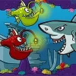 Growing Fish Hình ảnh có hai con cá vây chân với đèn trên đầu và một con cá mập với vẻ mặt dữ tợn dưới đáy biển, xung quanh là rặng san hô và một con tàu đắm