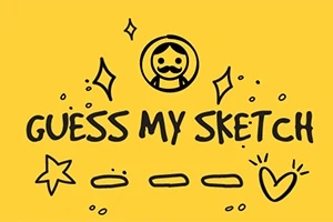 Biểu tượng mặt cười với ria mép, các ngôi sao, ký hiệu trái tim và dòng chữ GUESS MY SKETCH trên nền màu vàng