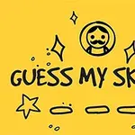 Biểu tượng mặt cười với ria mép, các ngôi sao, ký hiệu trái tim và dòng chữ GUESS MY SKETCH trên nền màu vàng
