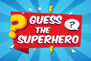 Hình ảnh có nền xanh với chữ Guess the Superhero trên biển báo đỏ, cùng với các biểu tượng dấu hỏi và tia sét