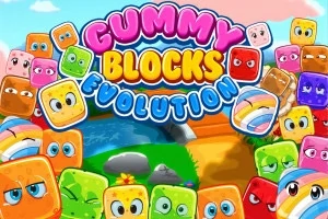 Các khối kẹo mặt cười nhiều màu với chữ Gummy Blocks Evolution ở trung tâm