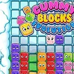 Các khối kẹo mặt cười nhiều màu với chữ Gummy Blocks Evolution ở trung tâm