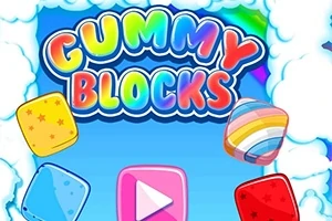 Logo đầy màu sắc với chữ Gummy Blocks trên nền mây và những khối kẹo nhiều màu sắc