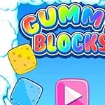 Logo đầy màu sắc với chữ Gummy Blocks trên nền mây và những khối kẹo nhiều màu sắc
