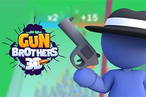 Hình ảnh nhân vật hoạt hình màu xanh cầm súng và đội mũ, bên cạnh là logo Gun Brothers 3D
