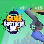 Hình ảnh nhân vật hoạt hình màu xanh cầm súng và đội mũ, bên cạnh là logo Gun Brothers 3D
