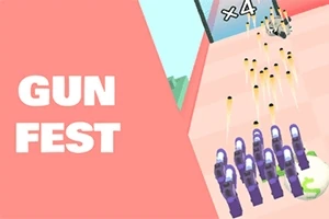 Súng màu tím bắn đạn trên một con đường, với chữ Gun Fest bên trái nền hồng