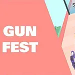 Súng màu tím bắn đạn trên một con đường, với chữ Gun Fest bên trái nền hồng