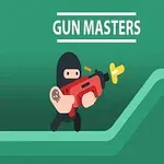 Một nhân vật mặc đồ đen cầm súng màu đỏ, hình nền màu xanh lá cây với dòng chữ Gun Masters