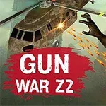 Một chiếc trực thăng chiến đấu bắn vào một xác sống với dòng chữ GUN WAR Z2