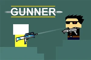 Nhân vật hoạt hình cầm súng đối đầu nhau trên nền xanh, với chữ GUNNER ở phía trên