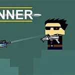 Nhân vật hoạt hình cầm súng đối đầu nhau trên nền xanh, với chữ GUNNER ở phía trên