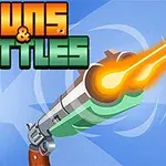 Hình ảnh khẩu súng lục đang bắn tia sáng màu cam với nền xanh lam và chữ Guns & Bottles ở góc trên bên trái