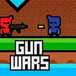 Hai nhân vật pixel, một đỏ và một xanh, đối diện nhau với một người cầm súng và tiêu đề Gun Wars ở phía dưới