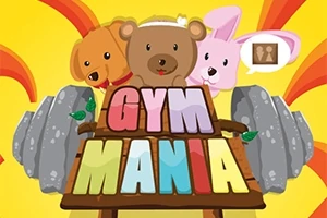 Ba con thú hoạt hình dễ thương gồm chó, gấu và thỏ, đứng sau chữ GYM MANIA với hình nền rực rỡ và hai tạ lớn ở phía sau