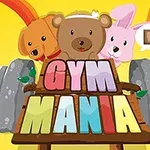 Ba con thú hoạt hình dễ thương gồm chó, gấu và thỏ, đứng sau chữ GYM MANIA với hình nền rực rỡ và hai tạ lớn ở phía sau