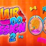 Tiêu đề nhiều màu sắc với chữ HAIR DO DESIGN 2 bên cạnh hai bức tranh ovals thể hiện kiểu tóc tết sáng tạo cùng các phụ kiện tóc xung quanh