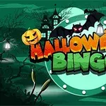 Hình ảnh với tiêu đề Halloween Bingo, có hình dơi, bí ngô và lâu đài trong khung cảnh đêm tối