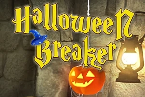 Chữ Halloween Breaker màu vàng nổi bật trên nền tối với hình ảnh bí ngô phát sáng và đèn lồng
