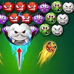 Các quả bóng khuôn mặt quái vật đầy màu sắc với một quả bóng chính giữa có răng nanh, bắn ra ánh sáng mạnh