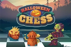 Các quân cờ theo chủ đề Halloween với mặt trời lặn phía sau và chữ Halloween Chess trên đầu