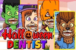 Bốn nhân vật hóa trang Halloween đang mở miệng, để lộ niềng răng, với từ Halloween Dentist ở phía trước